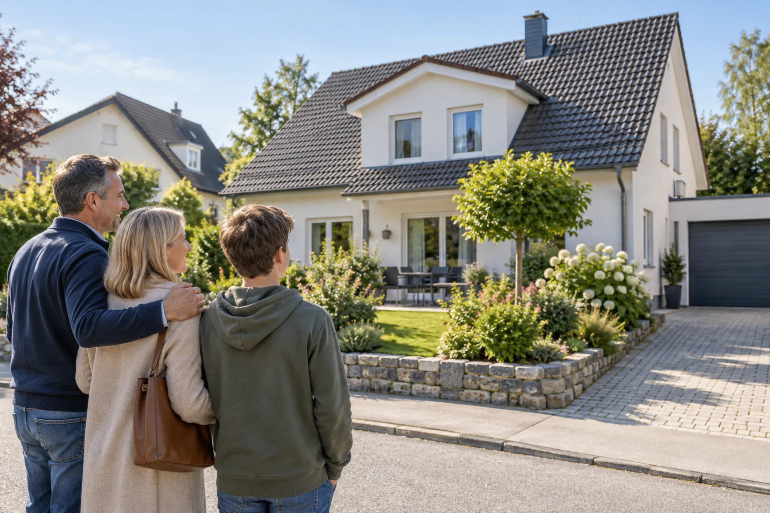 Familie betrachtet ein gepflegtes Haus mit Garten